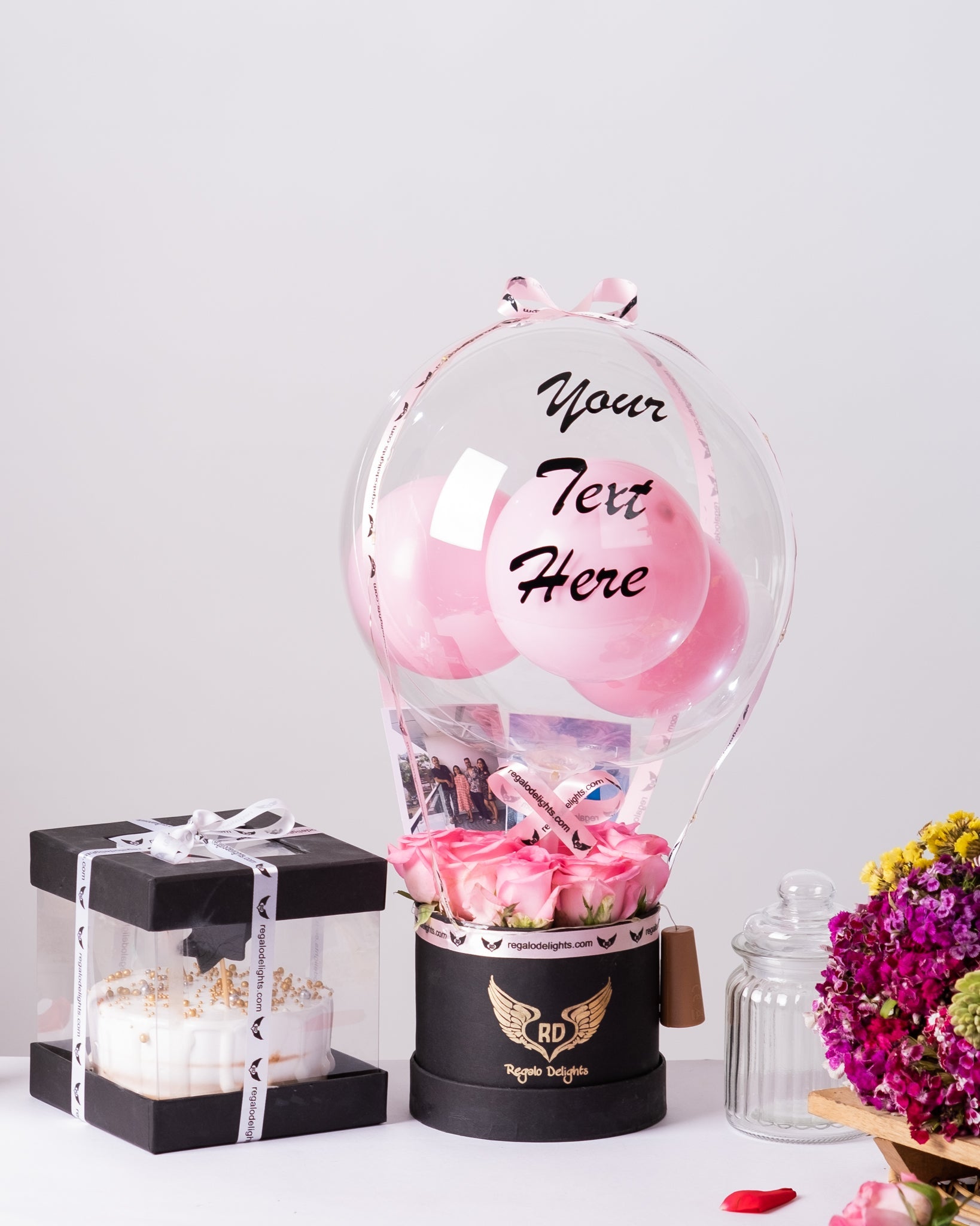 Pink Rose & Photos Bouquet with Cake Regalo Delights