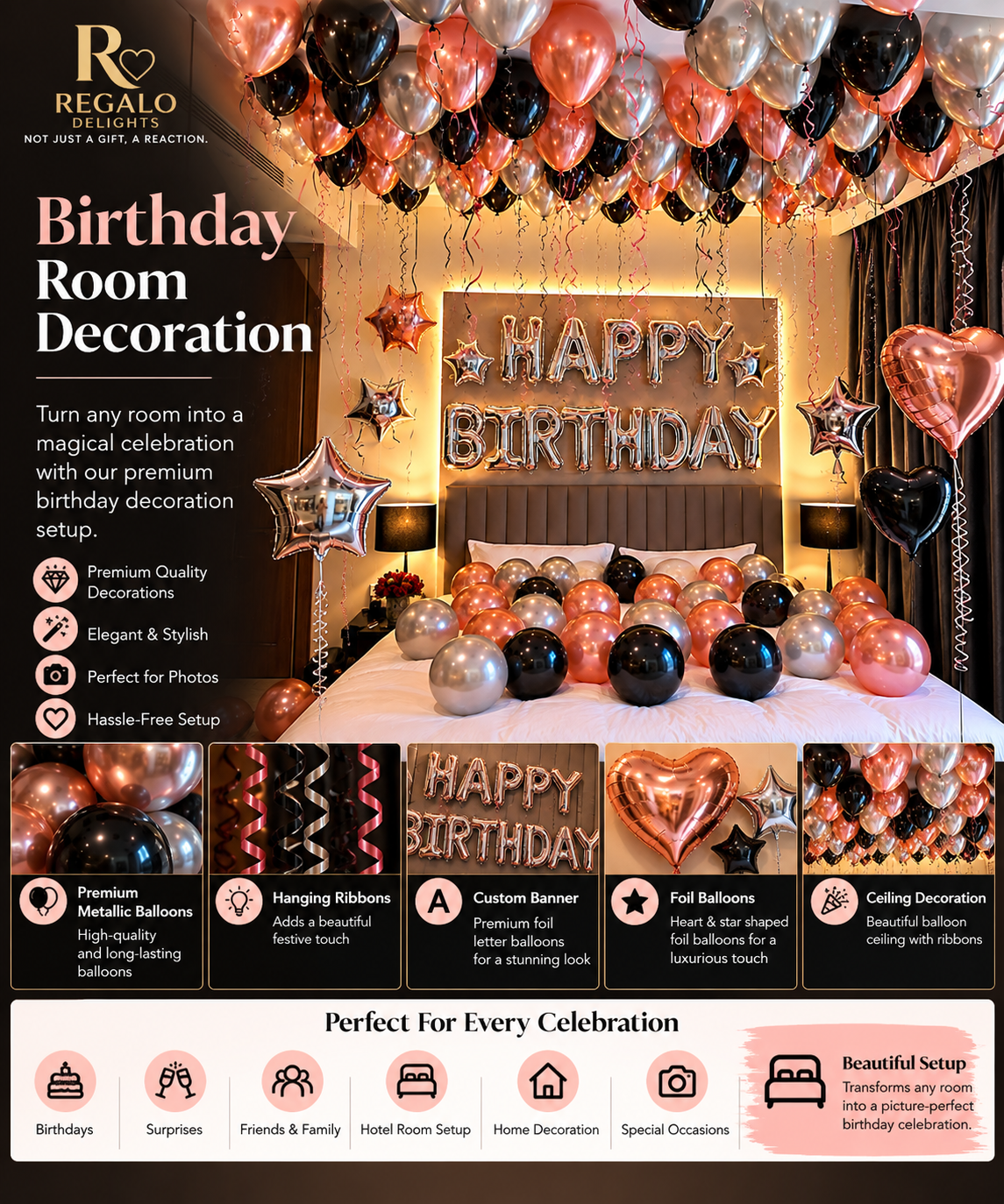 🖤🌹 Black & Rose Gold Birthday Decor