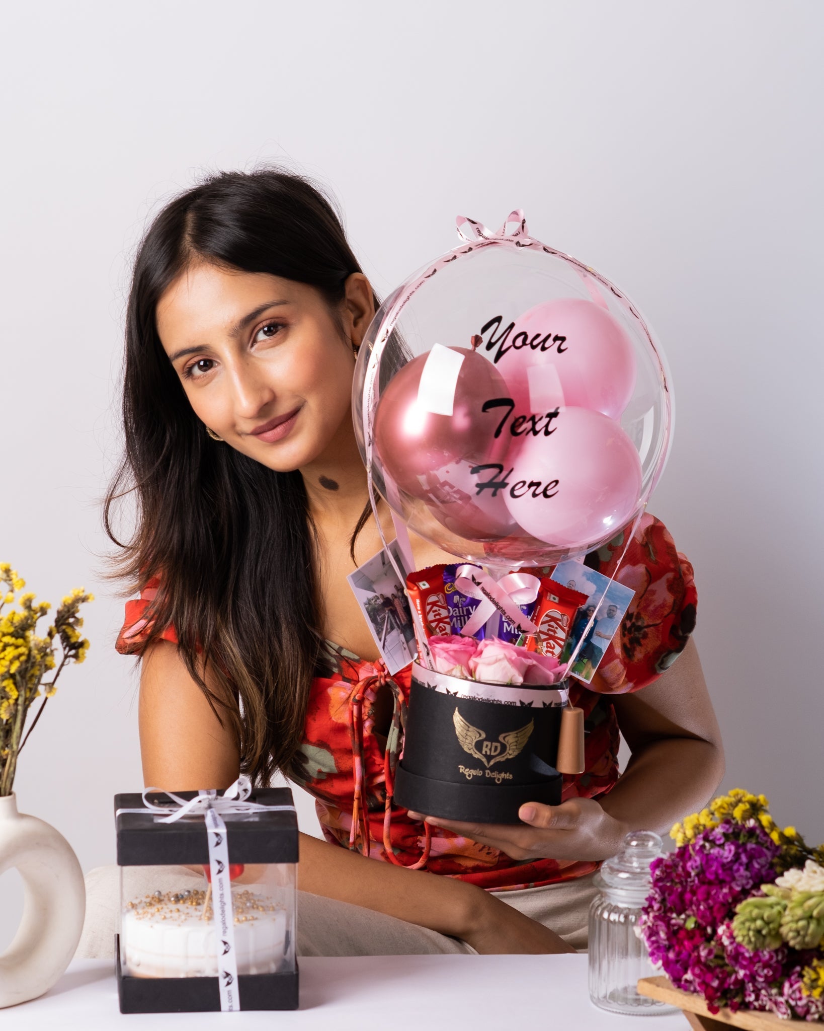 Pink Rose, Chocolates & Photos Bouquet with Cake Regalo Delights