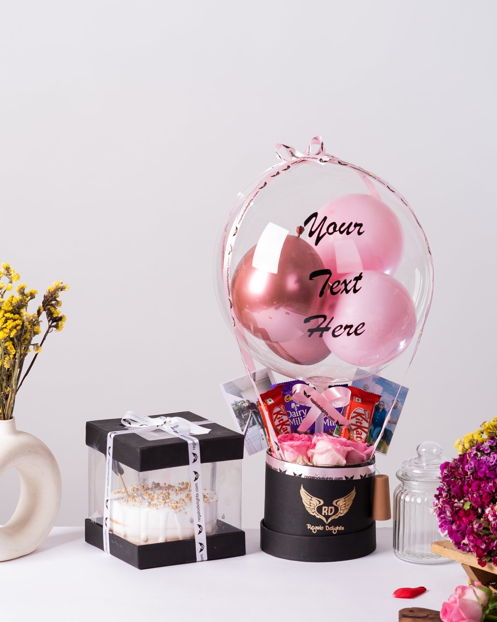 Pink Rose, Chocolates & Photos Bouquet with Cake Regalo Delights