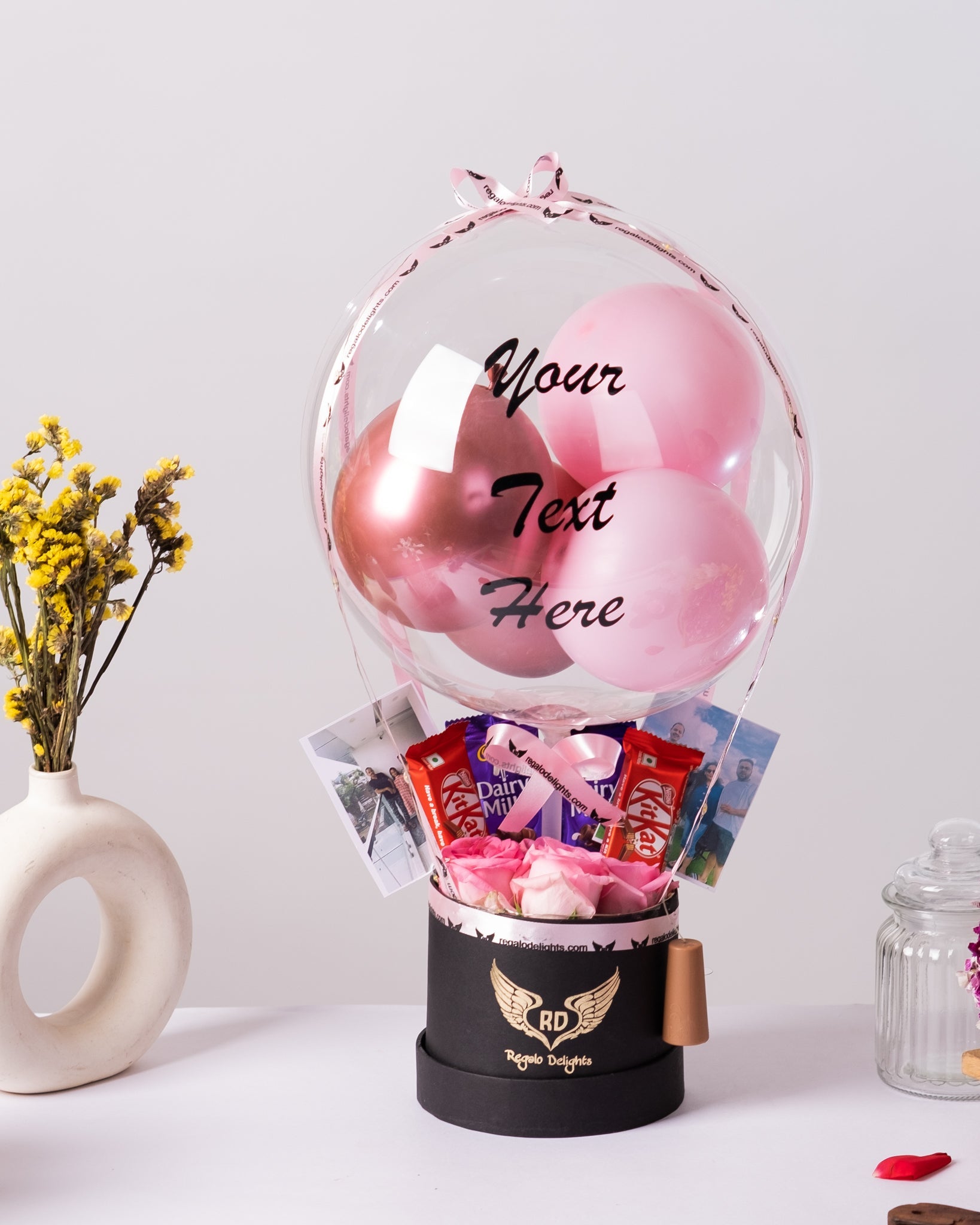 Pink Roses, Chocolates & Photos Hot Air Bouquet Regalo Delights