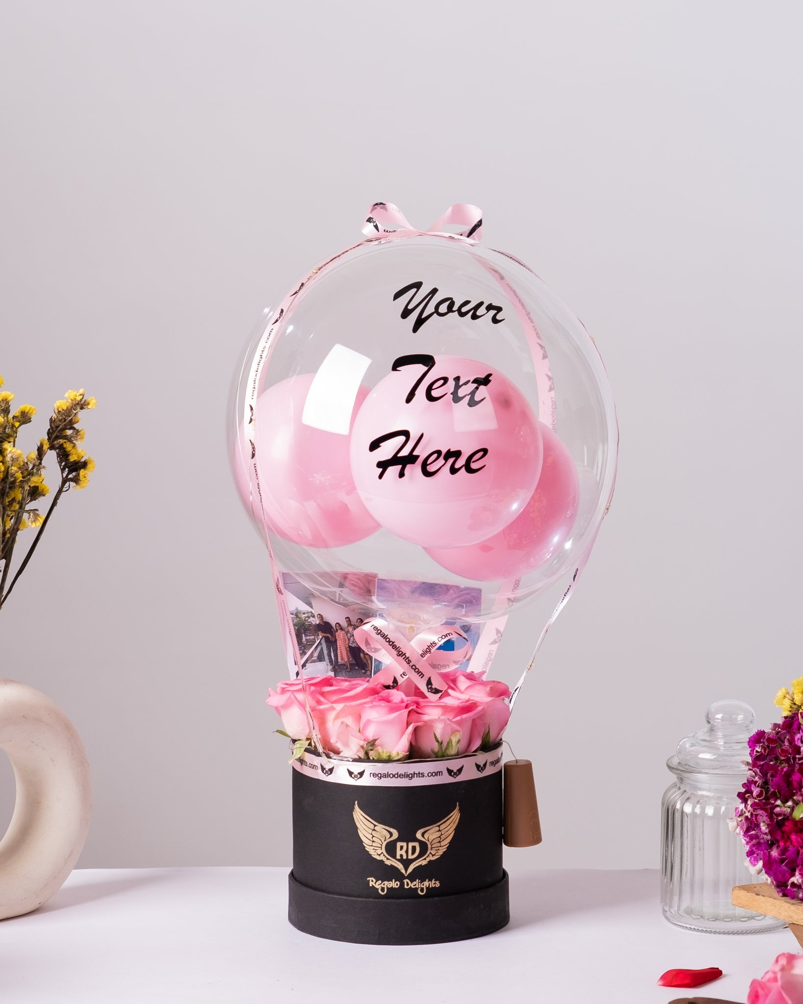 Pink Roses & Photos Hot Air Bouquet Regalo Delights