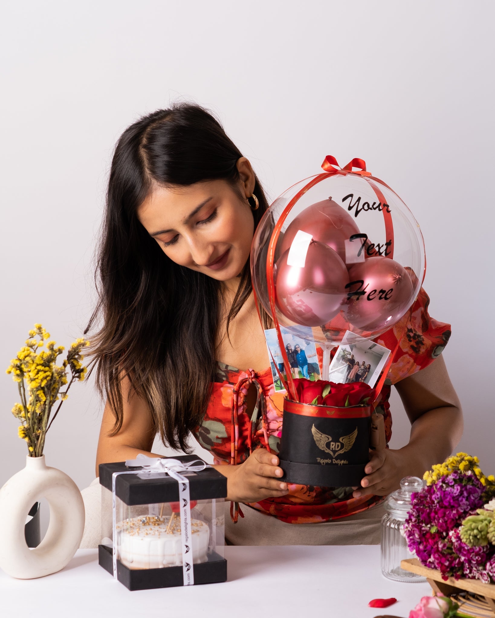 Red Rose & Photos Bouquet with Cake Regalo Delights