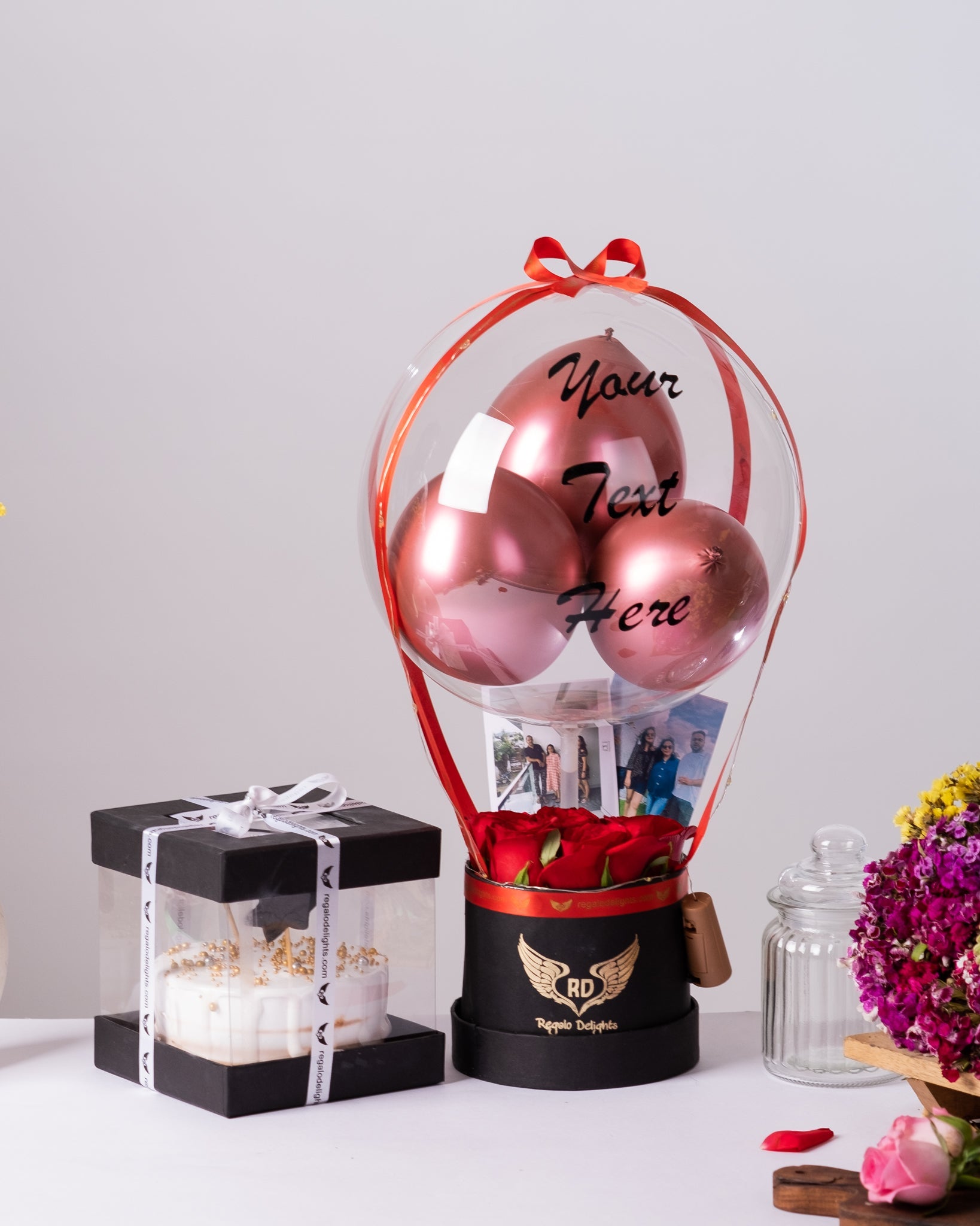 Red Rose & Photos Bouquet with Cake Regalo Delights